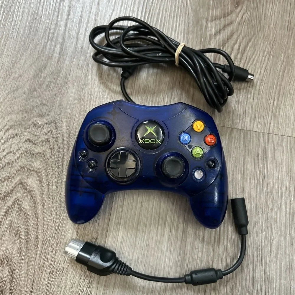 Original Xbox Controller S-Type Clear Blue Genuine OEM w/ Breakaway Cable Tested